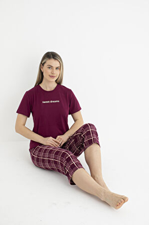 Kadın Yazlık Kereli Kısa Kollu Kaprili Soft Pijama Takımı - Bordo