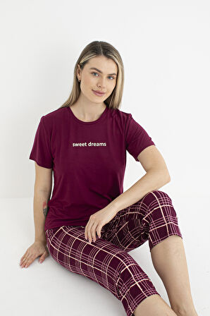 Kadın Yazlık Kereli Kısa Kollu Kaprili Soft Pijama Takımı - Bordo