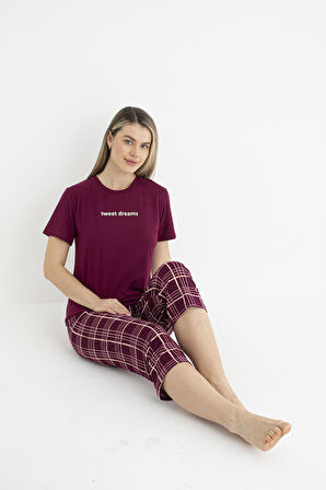 Kadın Yazlık Kereli Kısa Kollu Kaprili Soft Pijama Takımı - Bordo