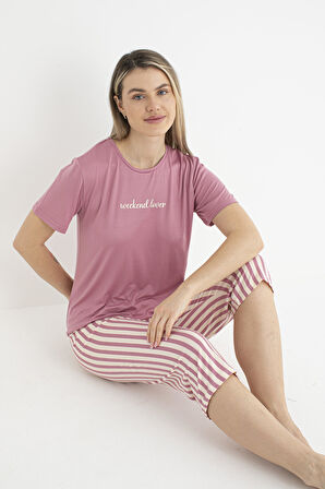 Kadın Yazlık Çizgili Kısa Kollu Kaprili Soft Pijama Takımı - Pembe