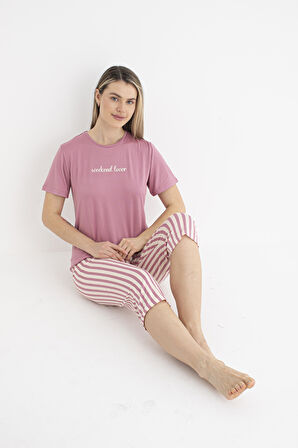 Kadın Yazlık Çizgili Kısa Kollu Kaprili Soft Pijama Takımı - Pembe