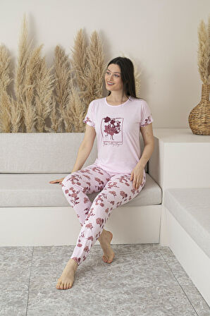 Kadın Yazlık Çiçek Desenli Kısa Kollu Viskon Pijama Takımı - Pembe