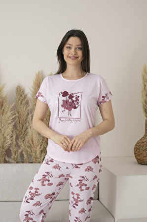 Kadın Yazlık Çiçek Desenli Kısa Kollu Viskon Pijama Takımı - Pembe