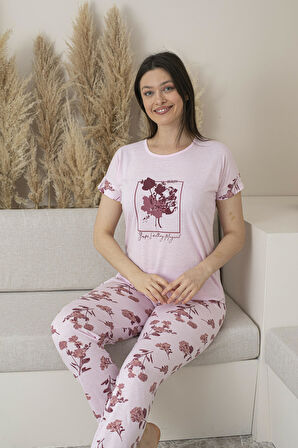 Kadın Yazlık Çiçek Desenli Kısa Kollu Viskon Pijama Takımı - Pembe