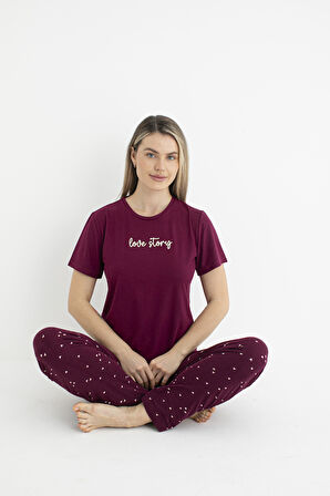 Kadın Yazlık Love Story Yazılı Kısa Kollu Soft Pijama Takımı - Bordo