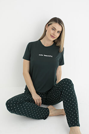 Kadın Yazlık Cute Beautiful Yazılı Kısa Kollu Soft Pijama Takımı - Lacivert