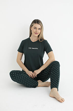 Kadın Yazlık Cute Beautiful Yazılı Kısa Kollu Soft Pijama Takımı - Lacivert