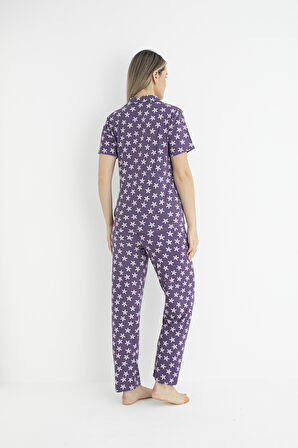 Kadın Yazlık Yıldız Desenli Önden Düğmeli Kısa Kollu Soft Pijama Takımı - Lila
