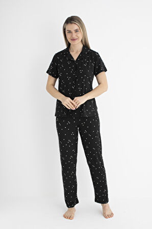 Kadın Yazlık Kalp Desenli Önden Düğmeli Kısa Kollu Soft Pijama Takımı - Siyah