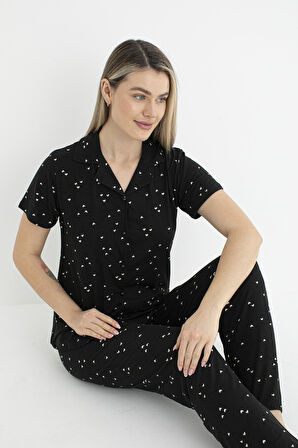 Kadın Yazlık Kalp Desenli Önden Düğmeli Kısa Kollu Soft Pijama Takımı - Siyah