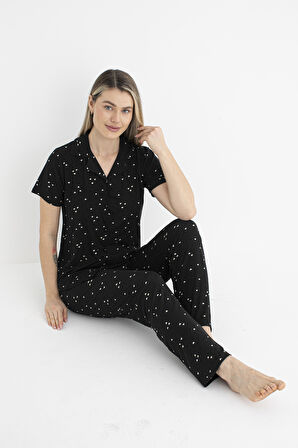 Kadın Yazlık Kalp Desenli Önden Düğmeli Kısa Kollu Soft Pijama Takımı - Siyah