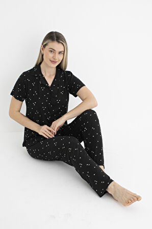 Kadın Yazlık Kalp Desenli Önden Düğmeli Kısa Kollu Soft Pijama Takımı - Siyah