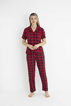 Kadın Yazlık Kareli Önden Düğmeli Kısa Kollu Soft Pijama Takımı - Kırmızı
