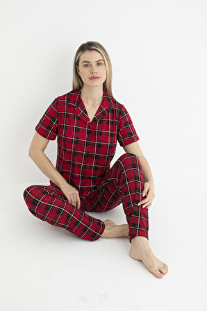 Kadın Yazlık Kareli Önden Düğmeli Kısa Kollu Soft Pijama Takımı - Kırmızı