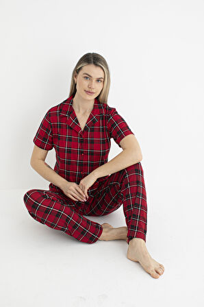 Kadın Yazlık Kareli Önden Düğmeli Kısa Kollu Soft Pijama Takımı - Kırmızı