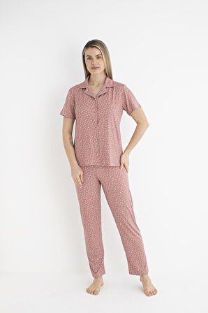 Kadın Yazlık Puantiyeli Önden Düğmeli Kısa Kollu Soft Pijama Takımı - Pembe