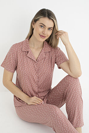 Kadın Yazlık Puantiyeli Önden Düğmeli Kısa Kollu Soft Pijama Takımı - Pembe
