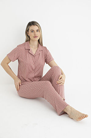 Kadın Yazlık Puantiyeli Önden Düğmeli Kısa Kollu Soft Pijama Takımı - Pembe