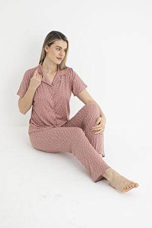 Kadın Yazlık Puantiyeli Önden Düğmeli Kısa Kollu Soft Pijama Takımı - Pembe