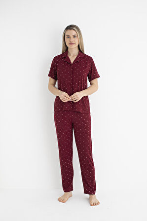 Kadın Yazlık Puantiyeli Önden Düğmeli Kısa Kollu Soft Pijama Takımı - Bordo