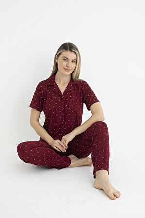 Kadın Yazlık Puantiyeli Önden Düğmeli Kısa Kollu Soft Pijama Takımı - Bordo