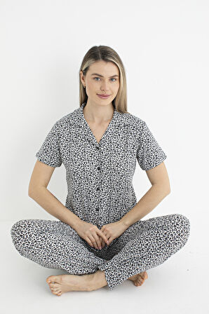 Kadın Yazlık Kaplan Desenli Önden Düğmeli Kısa Kollu Soft Pijama Takımı