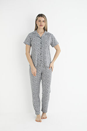 Kadın Yazlık Kaplan Desenli Önden Düğmeli Kısa Kollu Soft Pijama Takımı