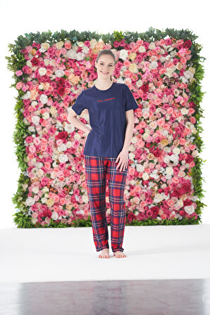 Kadın Yazlık Kareli Kısa Kollu Marla Pijama Takımı - Lacivert