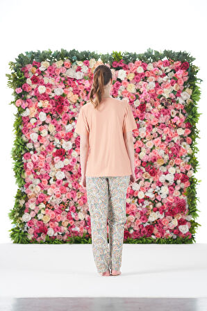 Kadın Yazlık Desenli Kısa Kollu Marla Pijama Takımı - Pudra