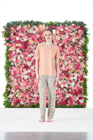 Kadın Yazlık Desenli Kısa Kollu Marla Pijama Takımı - Pudra