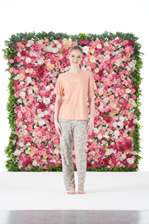 Kadın Yazlık Desenli Kısa Kollu Marla Pijama Takımı - Pudra