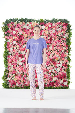 Kadın Yazlık Desenli Kısa Kollu Marla Pijama Takımı - Lila