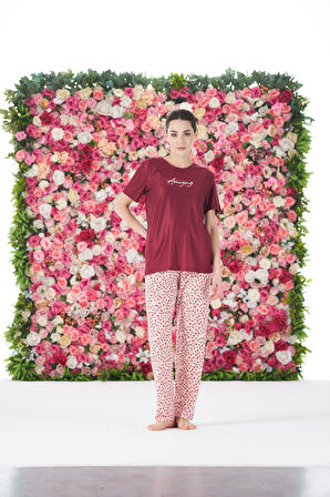 Kadın Yazlık Desenli Kısa Kollu Marla Pijama Takımı - Kırmızı