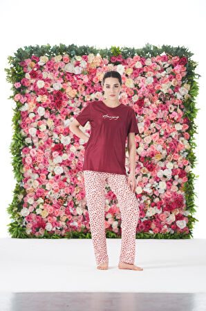 Kadın Yazlık Desenli Kısa Kollu Marla Pijama Takımı - Kırmızı