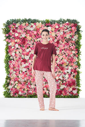 Kadın Yazlık Desenli Kısa Kollu Marla Pijama Takımı - Kırmızı