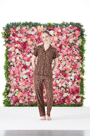 Kadın Yazlık Kaplan Desenli Önden Düğmeli Kısa Kollu Marla Pijama Takımı - Kahverengi