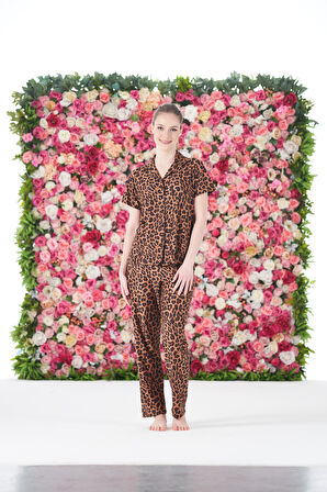 Kadın Yazlık Kaplan Desenli Önden Düğmeli Kısa Kollu Marla Pijama Takımı - Kahverengi