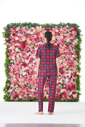 Kadın Yazlık Kareli Önden Düğmeli Kısa Kollu Marla Pijama Takımı - Kırmızı