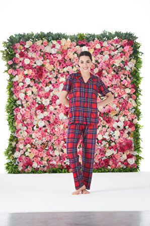 Kadın Yazlık Kareli Önden Düğmeli Kısa Kollu Marla Pijama Takımı - Kırmızı