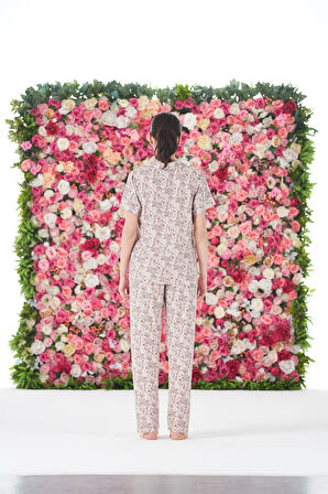 Kadın Yazlık Desenli Önden Düğmeli Kısa Kollu Marla Pijama Takımı - Pembe