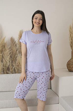Kadın Yazlık Desenli Kısa Kollu Kaprili Viskon Pijama Takımı