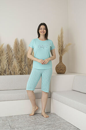 Kadın Yazlık Puantiyeli Kısa Kollu Kaprili Viskon Pijama Takımı