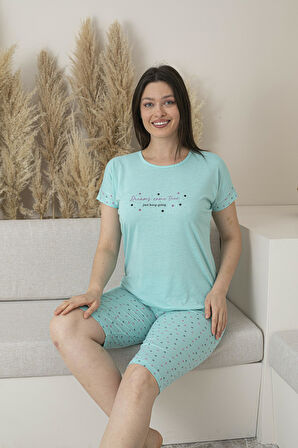 Kadın Yazlık Puantiyeli Kısa Kollu Kaprili Viskon Pijama Takımı