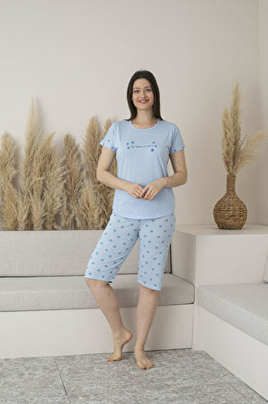 Kadın Yazlık Yıldız Desenli Kısa Kollu Kaprili Viskon Pijama Takımı