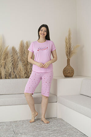 Kadın Yazlık Kalp Desenli Kısa Kollu Kaprili Viskon Pijama Takımı