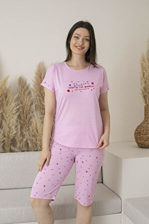 Kadın Yazlık Kalp Desenli Kısa Kollu Kaprili Viskon Pijama Takımı