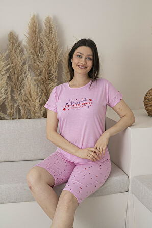 Kadın Yazlık Kalp Desenli Kısa Kollu Kaprili Viskon Pijama Takımı