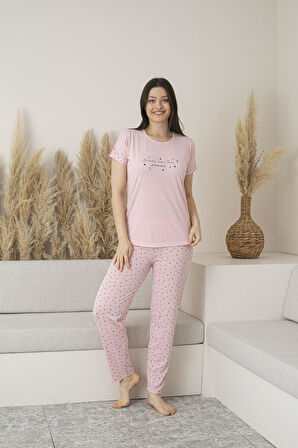 Kadın Yazlık Puantiyeli Kısa Kollu Viskon Pijama Takımı