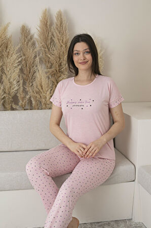 Kadın Yazlık Puantiyeli Kısa Kollu Viskon Pijama Takımı