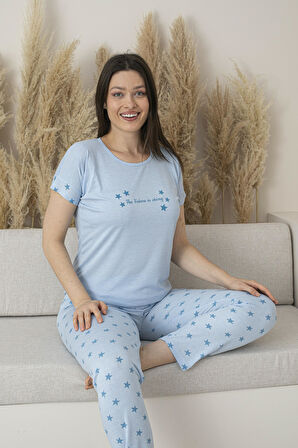 Kadın Yazlık Yıldız Desenli Kısa Kollu Viskon Pijama Takımı